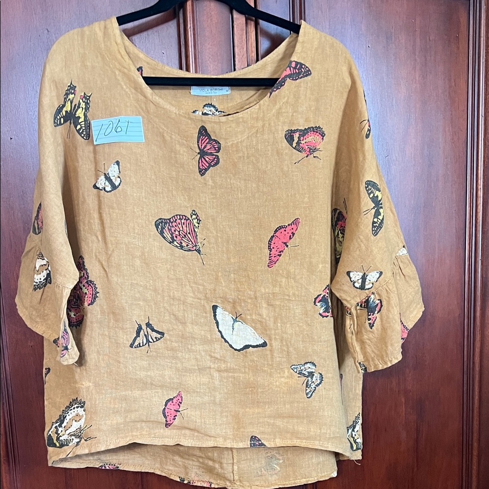 Viola Borgia Butterfly Print Linen Top Size Medium